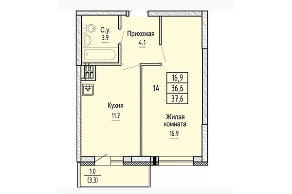 1-комнатная квартира 37,60 м² в ЖК Новые Матрешки. Планировка