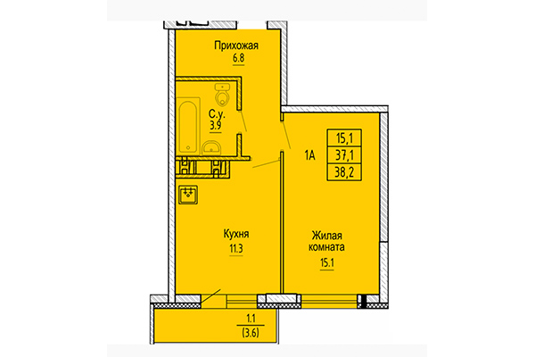 1-комнатная квартира 38,20 м² в ЖК Новые Матрешки. Планировка