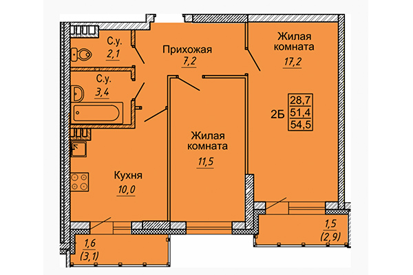 2-комнатная квартира 54,50 м² в ЖК Новые Матрешки. Планировка