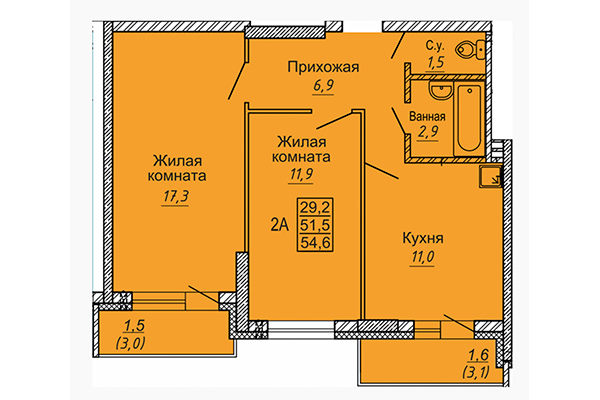 2-комнатная квартира 54,60 м² в ЖК Новые Матрешки. Планировка